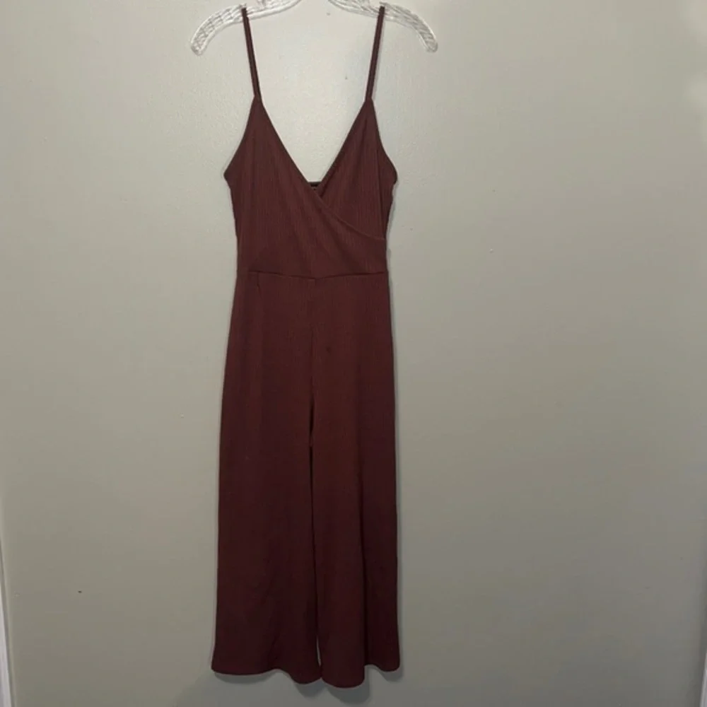 Forever 21 Jumpsuit Loose Wide Legs Ribbed Tank Top V Neck Brown Small